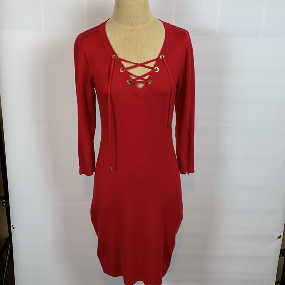 Calvin Klein red lightweight sweater dress with lace up neckline, Medium